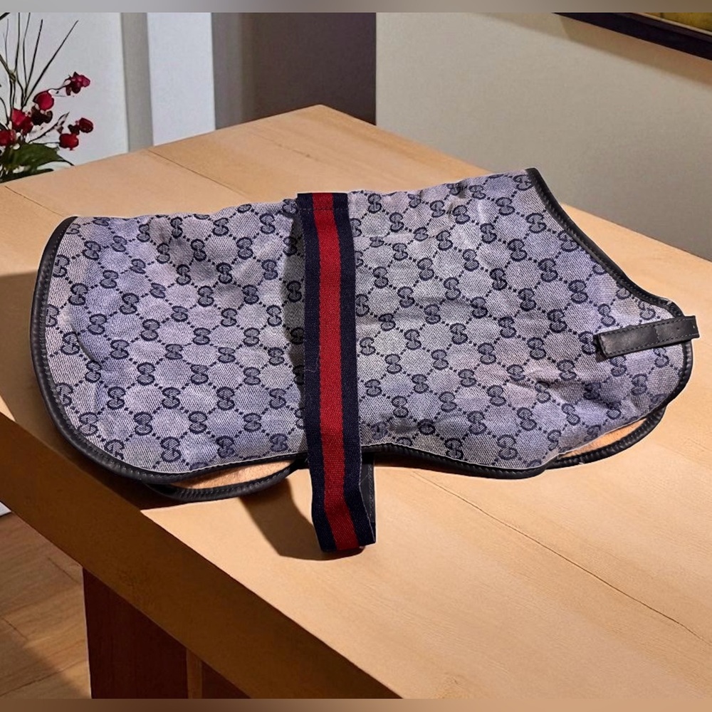 Vintage Gucci Monogram Canvas Felt Lined Pet -Dog -puppy Coat w/ Red Green AS IS